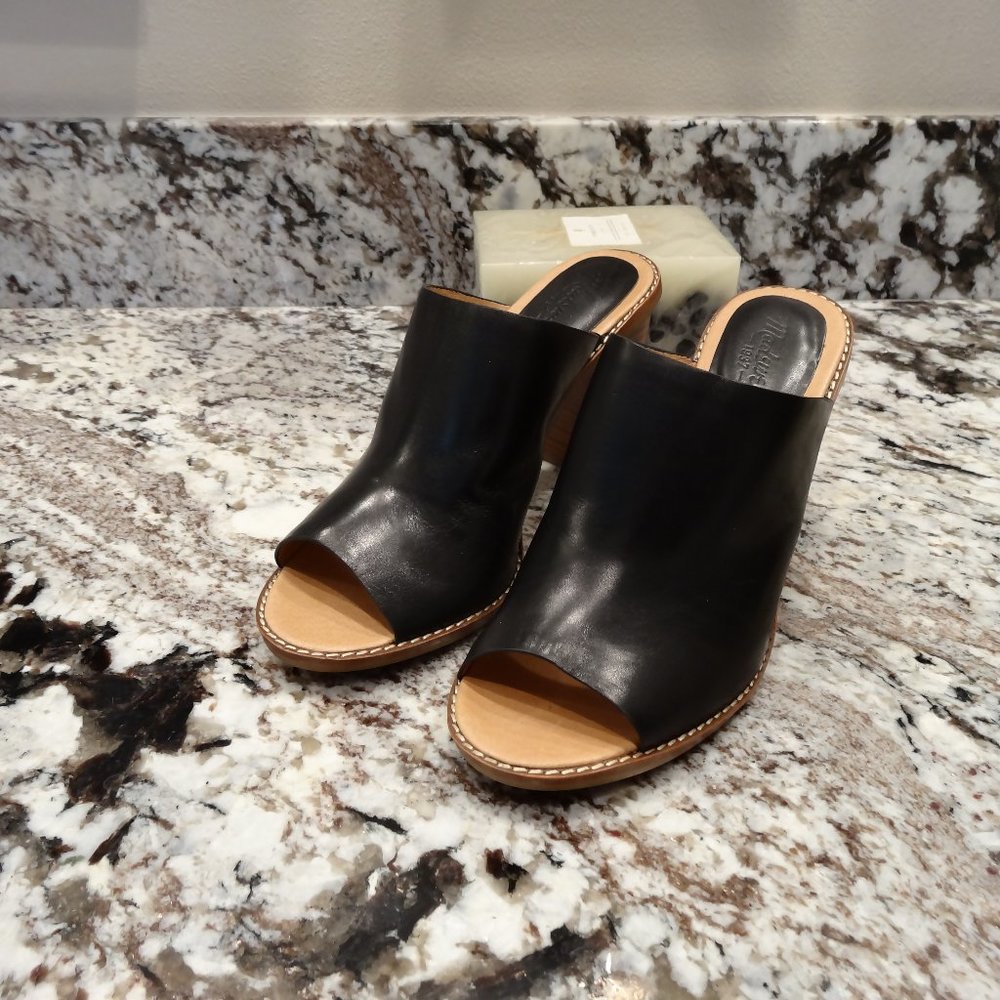 Ladies Madewell Black Leather Blocked Heeled Mules